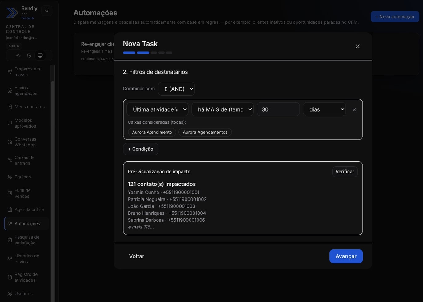 Configuração de uma regra de automação no Sendly