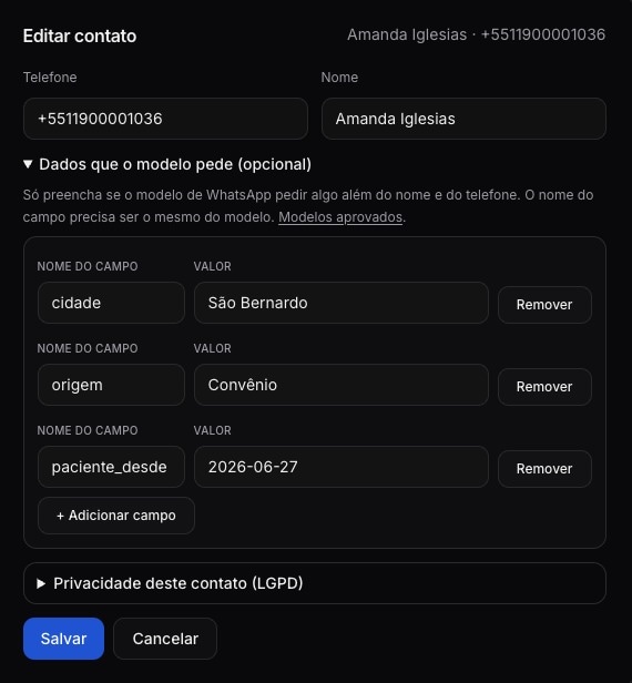 Edição de um contato com campos personalizados no Sendly