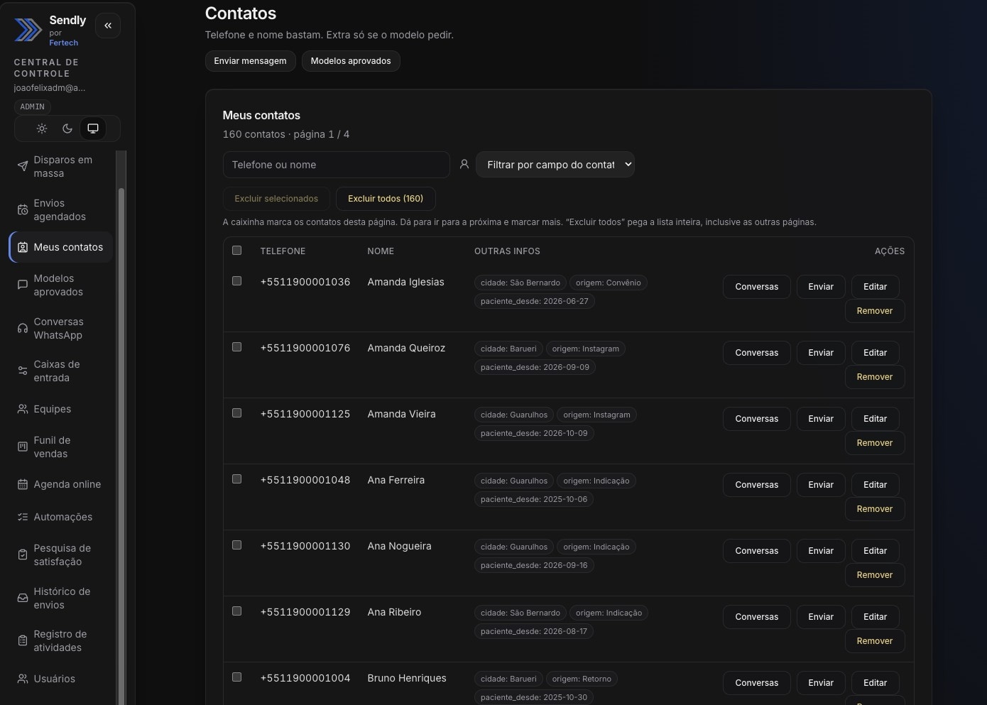 Lista de contatos no Sendly