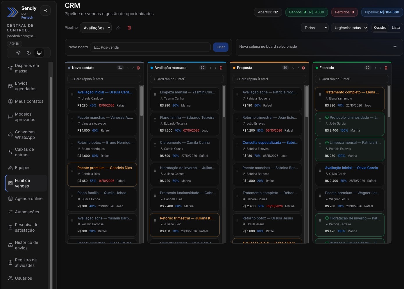 Funil de vendas em quadro no CRM do Sendly