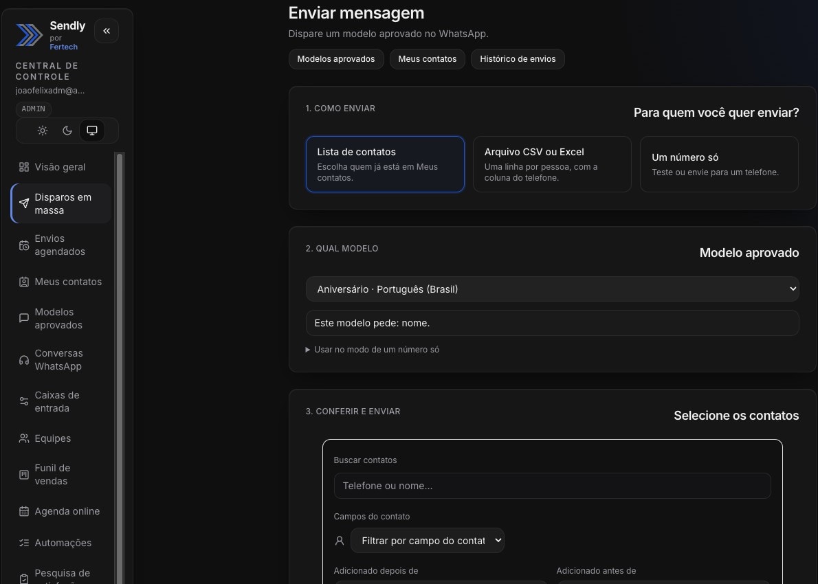 Tela de envio de disparos em massa no Sendly